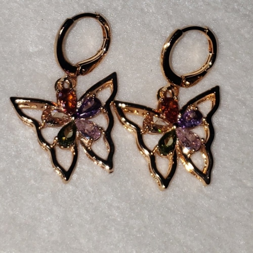 2 Butterfly Multi Colored Plated Gold Earrings